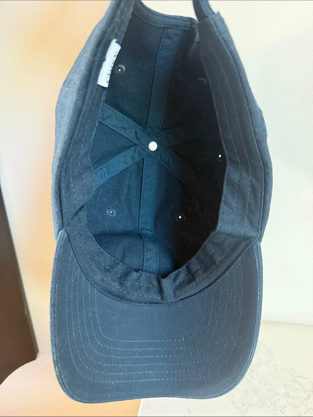 Clare V. Ciao Baseball Cap red block letters navy cotton canvas